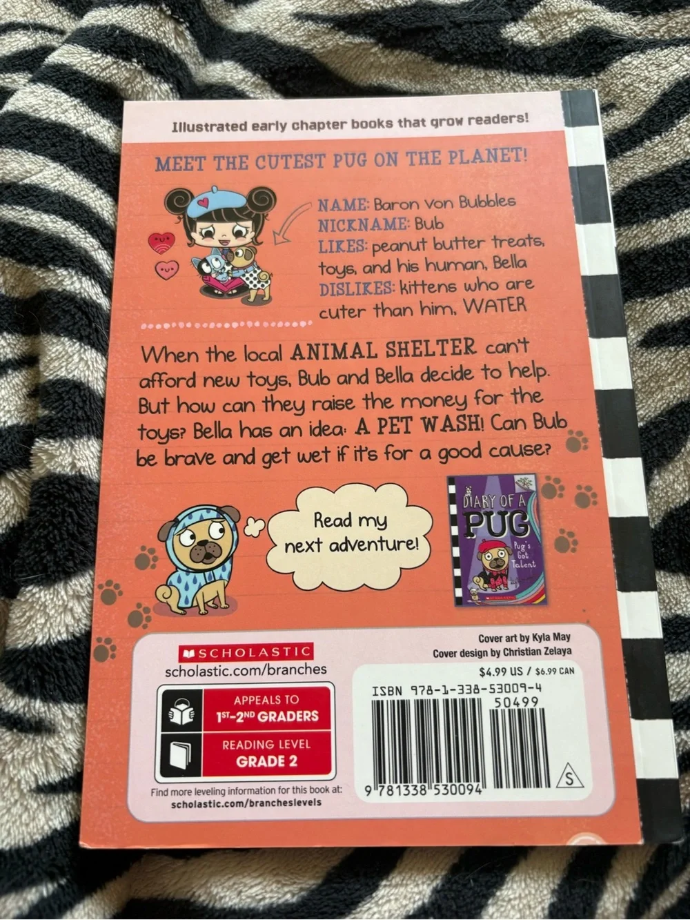 Scholastic Orange Pug Cover with Blue-Raindrop Hoodie